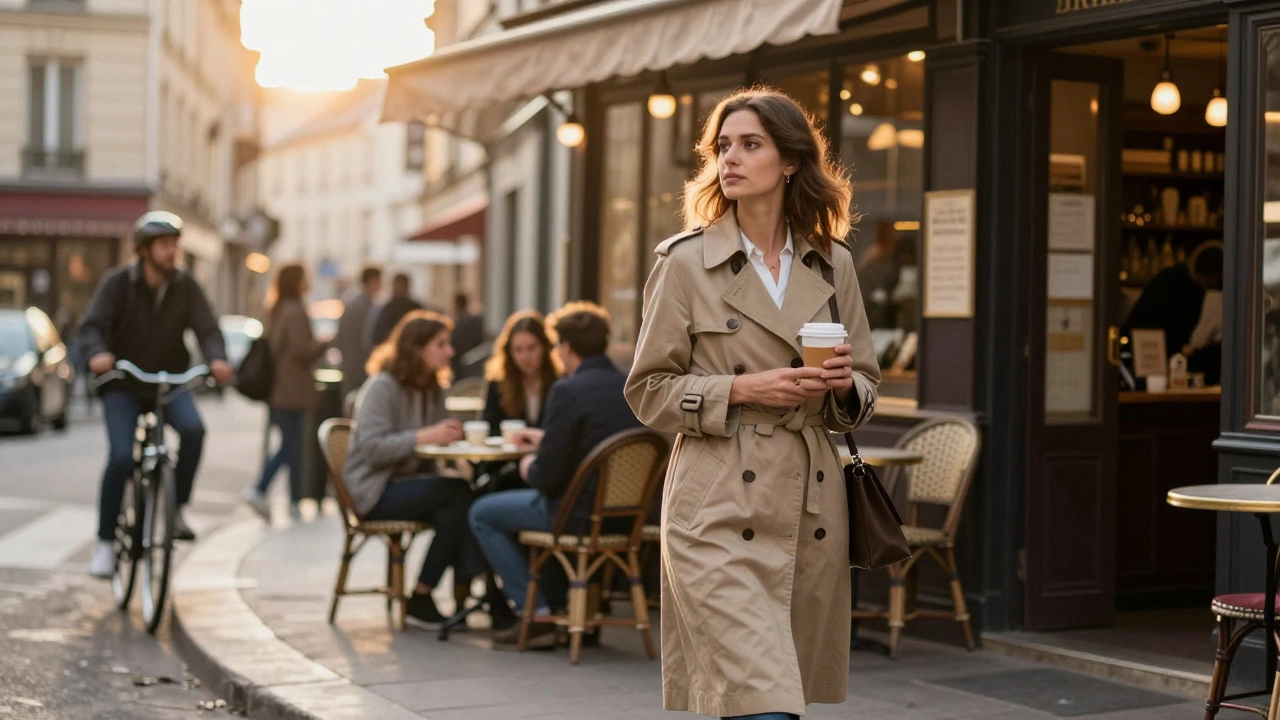 A woman walking through Le Marais with coffee, calm and independent, passing a bookstore in golden hour light.