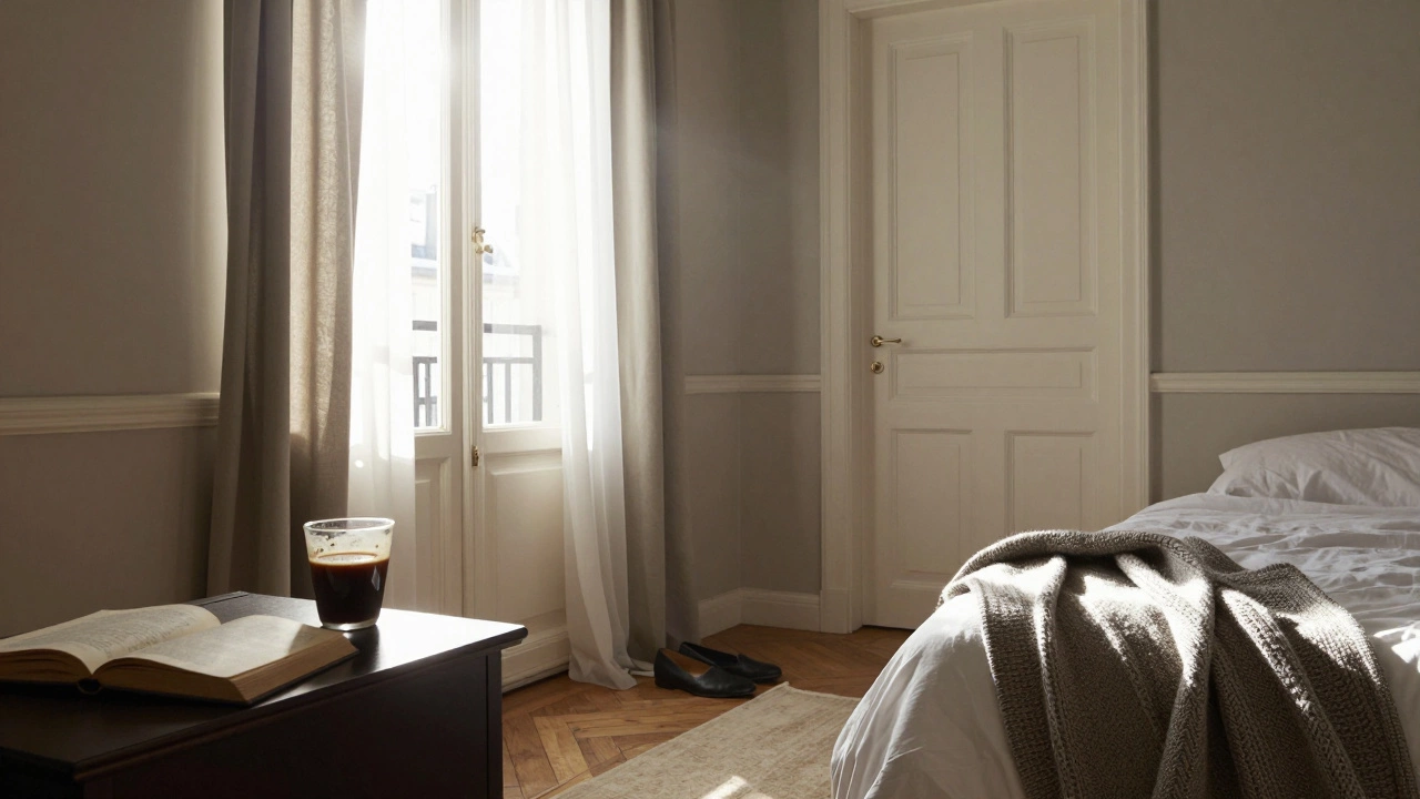 An empty Parisian bedroom at sunrise, sunlight on a folded blanket and a half-drunk cup of coffee.