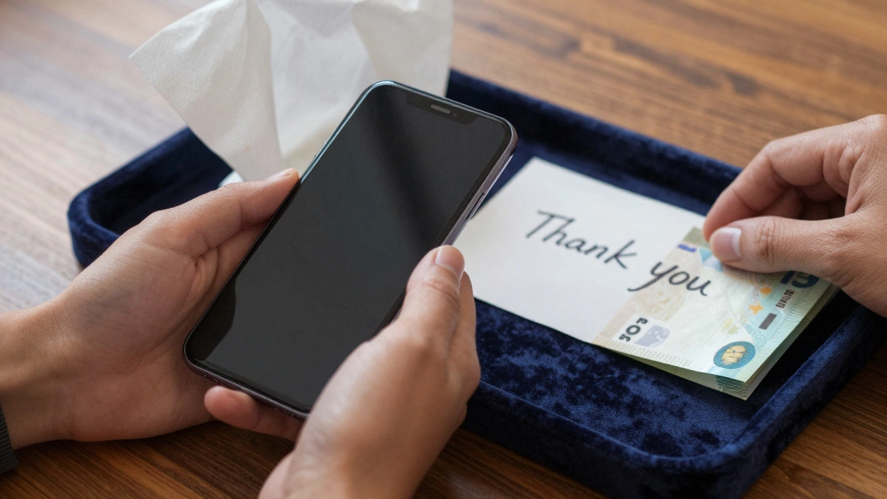 Hands place a banknote on a velvet tray beside a handwritten note, symbolizing trust and quiet exchange.