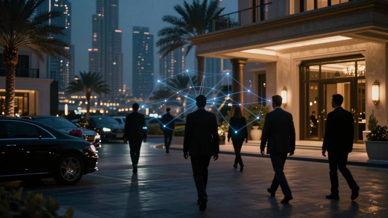 Shadowy figures move discreetly through upscale Dubai locations at night, connected by an invisible network of light.